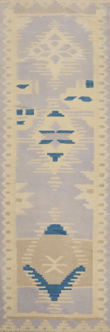 Geometric Elegance Lilac Pastel-Toned Kilim Runner Rug 2x8