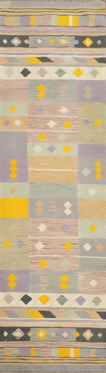 Geometric Kilim Runner Rug 3x12 with Soft Pastel Accents