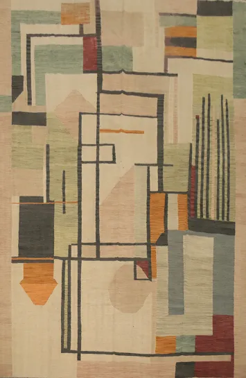 Modern Abstract Kilim Area Rug 9x12 with Colorful Geometric Shapes