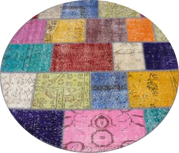 Colorful Patchwork Round Rug 5x5 with Vintage Geometric Patterns