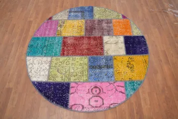 Colorful Patchwork Round Rug 5x5 with Vintage Geometric Patterns