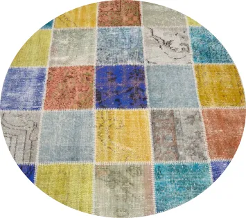 Patchwork Round Area Rug 5x5 in Bold Colors for Modern Decor