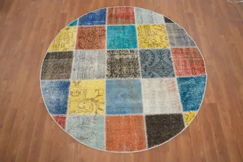 Distressed Modern Patchwork Round Area Rug 5x5