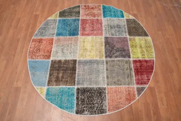 Vibrant Patchwork Round Area Rug 5x5 with Eclectic Colors and Patterns