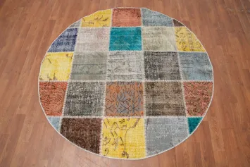 Artistic Multicolored Patchwork Round Area Rug 5x5 Rich Hues and Patterns