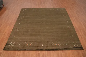 Elegant Brown Gabbeh Area Rug 10x10 with Subtle Embroidered Patterns