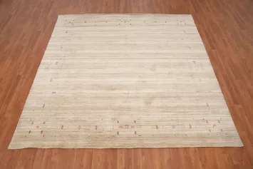Classic Beige Gabbeh Area Rug 8x8 with Delicate Colorful Details
