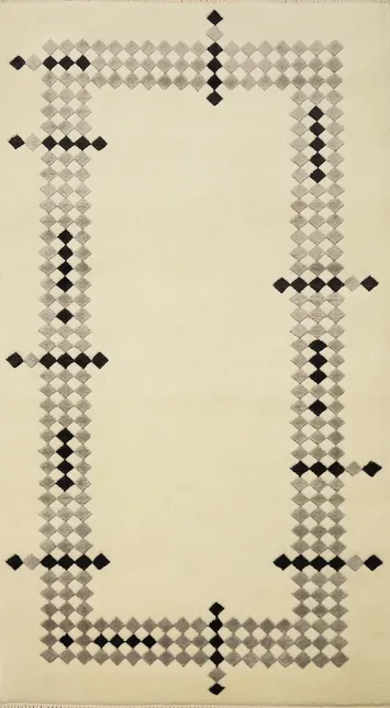 Modern Geometric Nepalese Rug 3x5 in Soft Cream and Black Hues