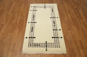 Modern Geometric Nepalese Rug 3x5 in Soft Cream and Black Hues