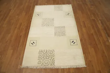 Modern Beige Nepalese Rug 3x5 with Subtle Spiral and Square Designs