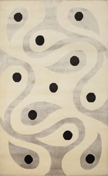 Contemporary Curved Design Nepalese Rug 4x6 with Bold Black Dots