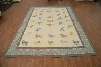 Animals Design Wool Scandinavian Kilim Oriental Large Rug 10x14