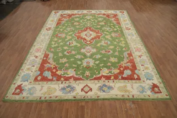 Vegetable Dye Oushak Green Wool Area Rug 9x13