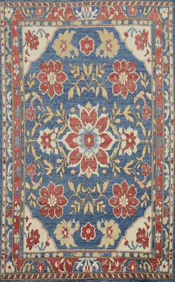 Vegetable Dye Oushak Blue Floral Area Rug 6x9