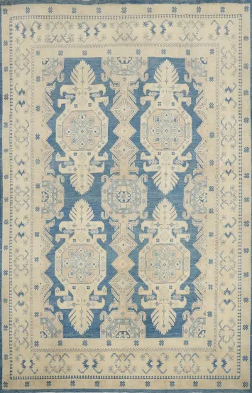Vegetable Dye Blue Kazak Geometric Wool Area Rug 8x11