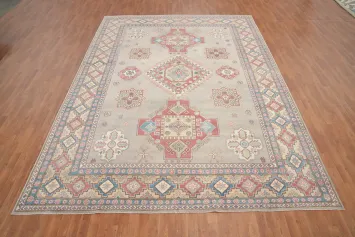 Geometric Gray Kazak Vegetable Dye Area Rug 10x13