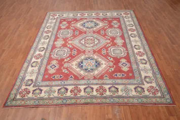 Red Geometric Kazak Vegetable Dye Area Rug 8x10