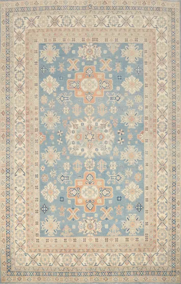 Blue Geometric Kazak Vegetable Dye Area Rug 9x12