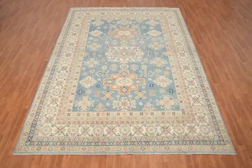 Blue Geometric Kazak Vegetable Dye Area Rug 9x12
