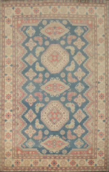 Blue Geometric Kazak Vegetable Dye Area Rug 10x13