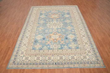 Blue Geometric Kazak Vegetable Dye Area Rug 9x12
