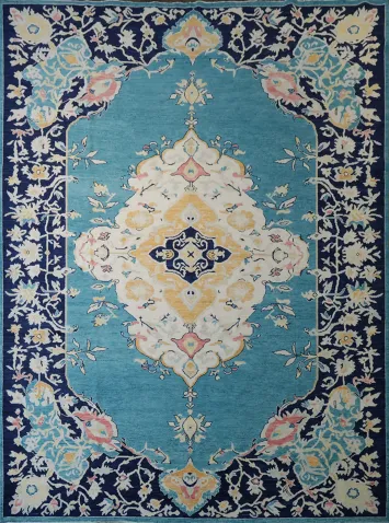 Luxurious Oushak Turkish Rug in Turquoise with Intricate Border Design 9x12
