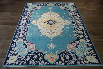 Luxurious Oushak Turkish Rug in Turquoise with Intricate Border Design 9x12