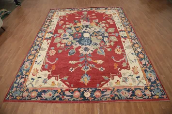 Red Floral Oushak Vegetable Dye Large Rug 10x14