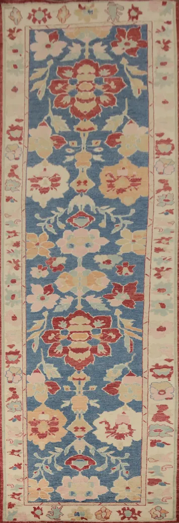 Floral Blue Oushak Vegetable Dye Runner Rug 5x19