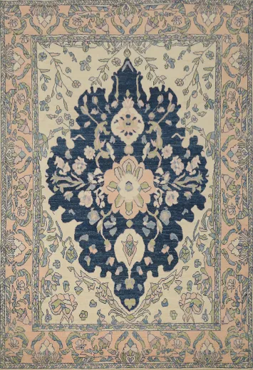 Navy Blue Floral Oushak Vegetable Dye Area Rug 8x10