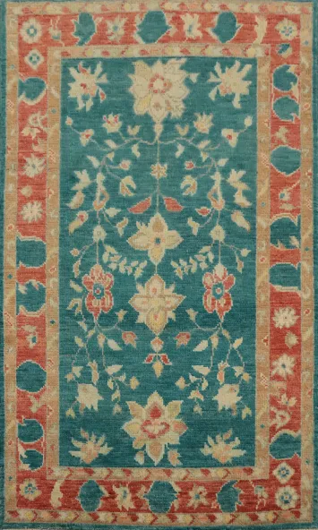 Vegetable Dye Oushak Floral Green Wool Rug 3x5