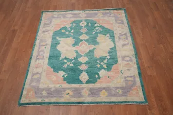 Vegetable Dye Oushak Handmade Green Square Rug 4x4