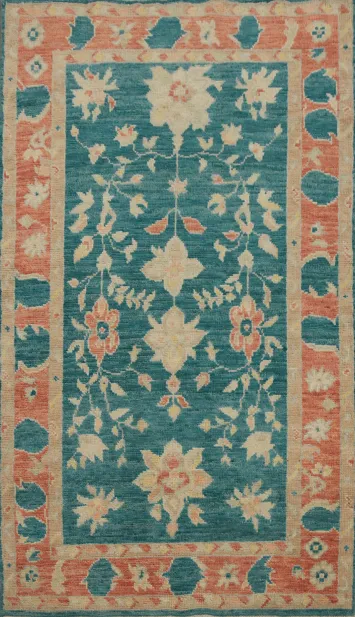 Green Floral Oushak Vegetable Dye Rug 3x5