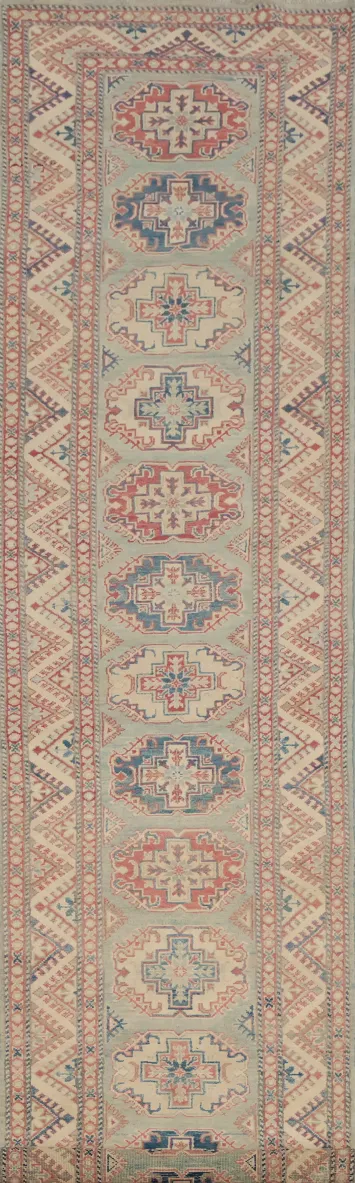 Vegetable Dye Kazak Geometric Runner Rug 3x14