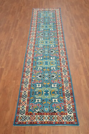Vegetable Dye Heriz Serapi Blue Geometric Runner Rug 3x13