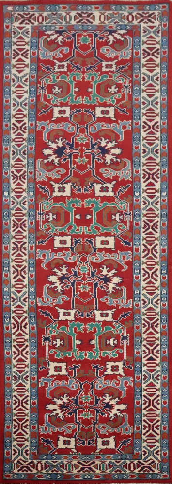 Red Geometric Heriz Serapi Vegetable Dye Runner Rug 3x10