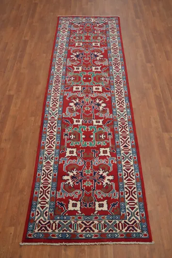Red Geometric Heriz Serapi Vegetable Dye Runner Rug 3x10