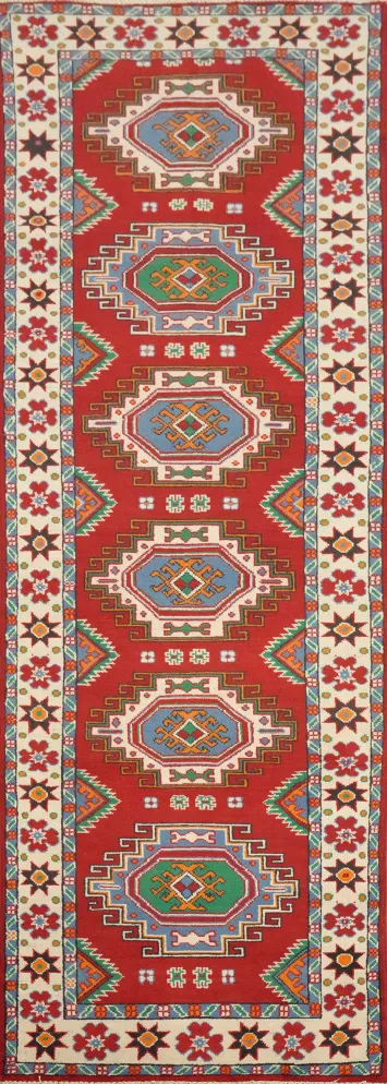 Vegetable Dye Kazak Geometric Wool Runner Rug 3x10