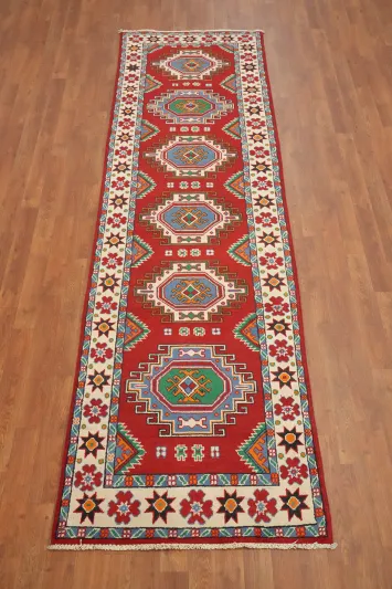 Vegetable Dye Kazak Geometric Wool Runner Rug 3x10