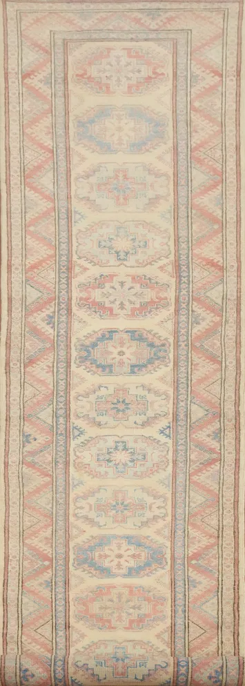 Vegetable Dye Kazak Geometric Wool Runner Rug 3x14