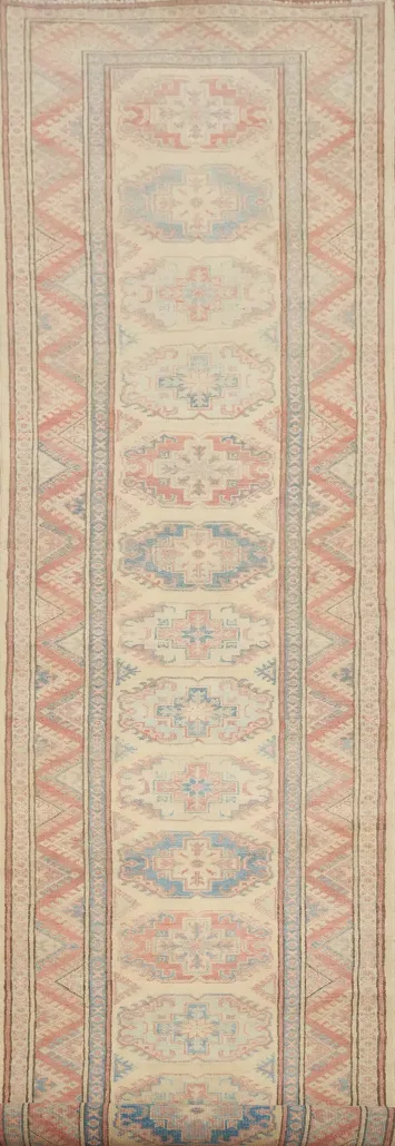 Geometric Beige Kazak Vegetable Dye Runner Rug 3x14