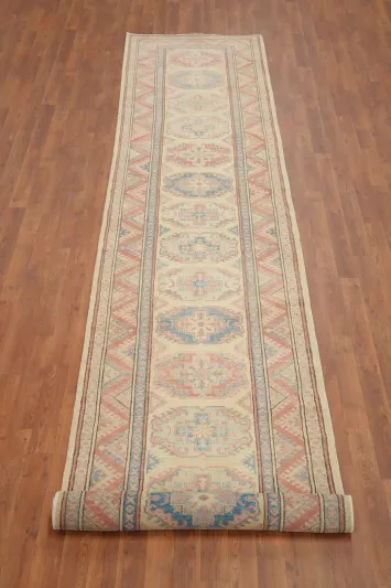 Geometric Beige Kazak Vegetable Dye Runner Rug 3x14
