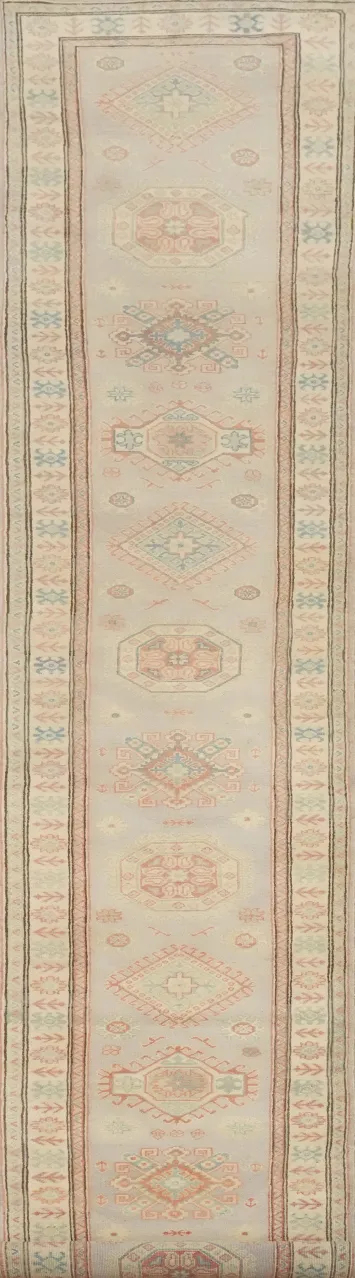 Elegant Geometric Kazak Vegetable Dye Runner Rug 3x20