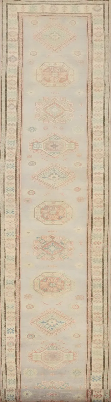 Serene Kazak Vegetable Dye Runner Rug 3x20 with Soft Geometric Motifs