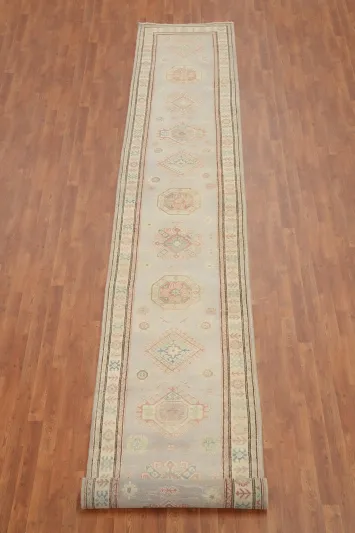 Serene Kazak Vegetable Dye Runner Rug 3x20 with Soft Geometric Motifs