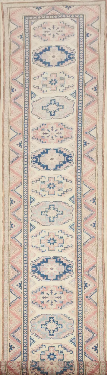 Intricate Geometric Design Kazak Vegetable Dye Runner Rug 3x16