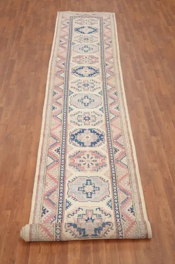 Vegetable Dye Kazak Geometric Runner Rug 3x16