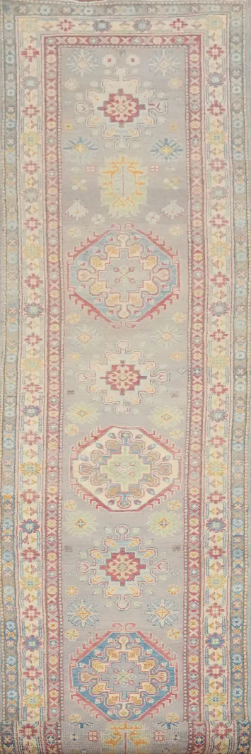 Vegetable Dye Kazak Geometric Runner Rug 2x14