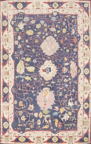 Handmade Blue Oushak Vegetable Dye Large Rug 10x14