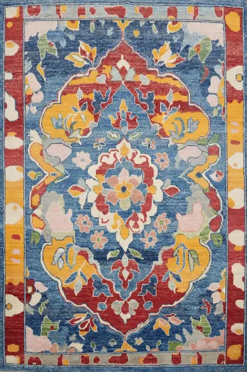 Handmade Blue Floral Oushak Vegetable Dye Rug 5x7